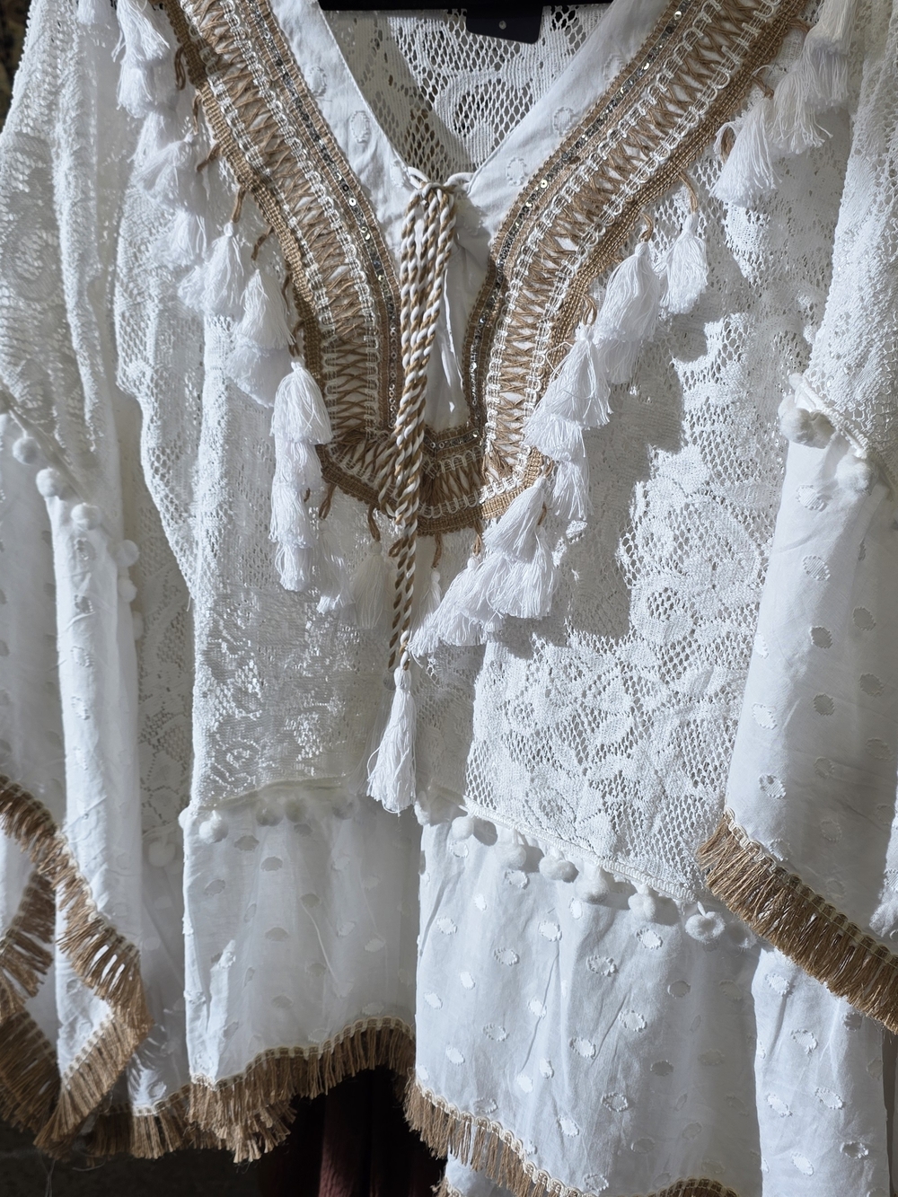 POL White Lace Boho Tassel V-Neck Blouse with Tan Trim